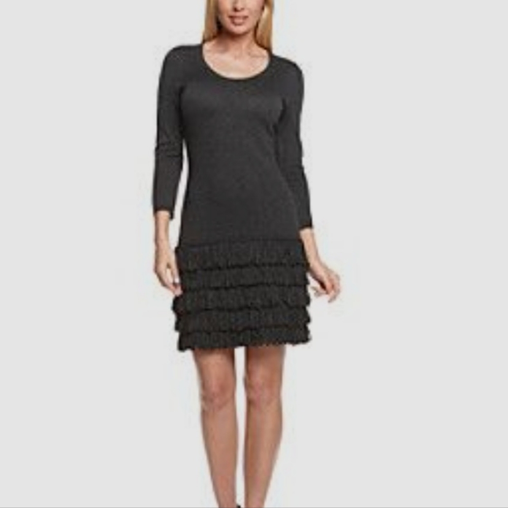 Calvin Klien Long Sleeve Fringe Charcoal Gray Sweater Dress.